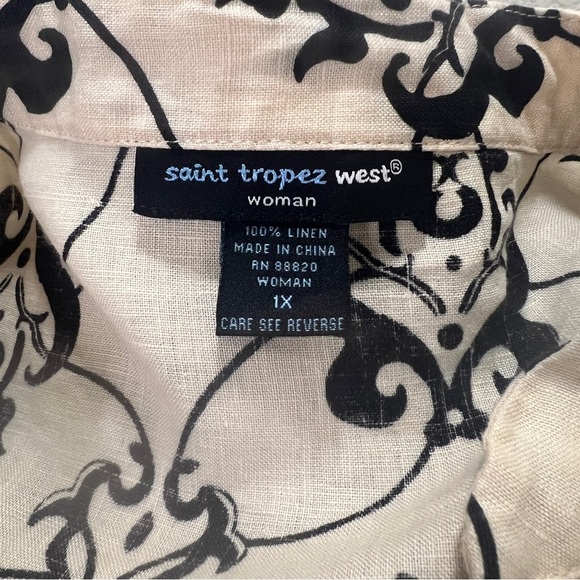 Saint Tropez West Linen cuffed 3/4 sleeve Top Cream Black 1X - Picture 3 of 4